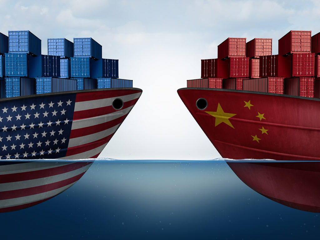 China United States trade and American tariffs as two opposing cargo ships as an economic taxation dispute over import and exports concept as a 3D illustration.