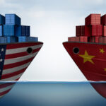 China United States trade and American tariffs as two opposing cargo ships as an economic taxation dispute over import and exports concept as a 3D illustration.