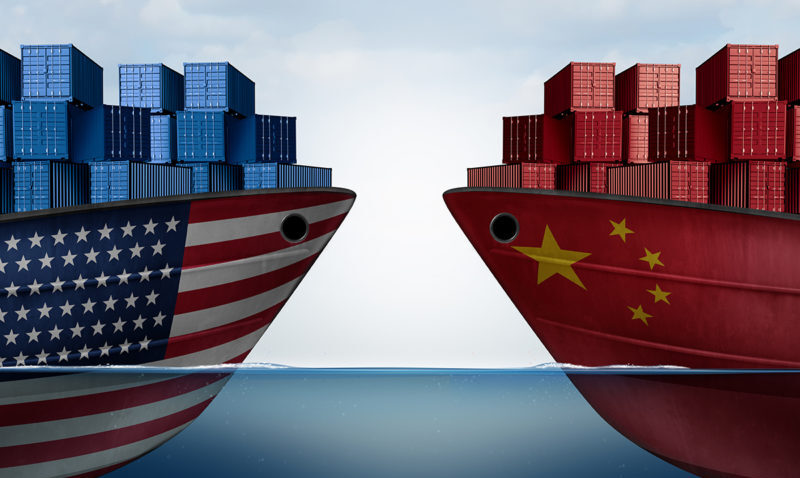 China United States trade and American tariffs as two opposing cargo ships as an economic taxation dispute over import and exports concept as a 3D illustration.