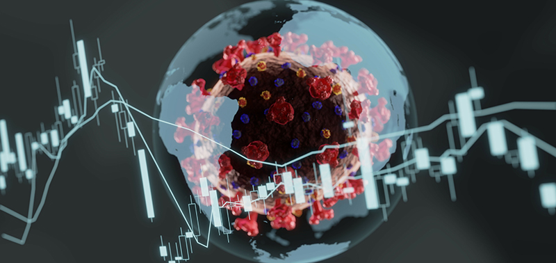 graphic of economic instability with covid-19 coronavirus in the background