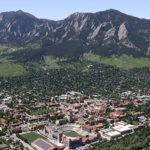 aerial photo of the University of Colorado Boulder campus in Boulder Colorado with foothills in the background