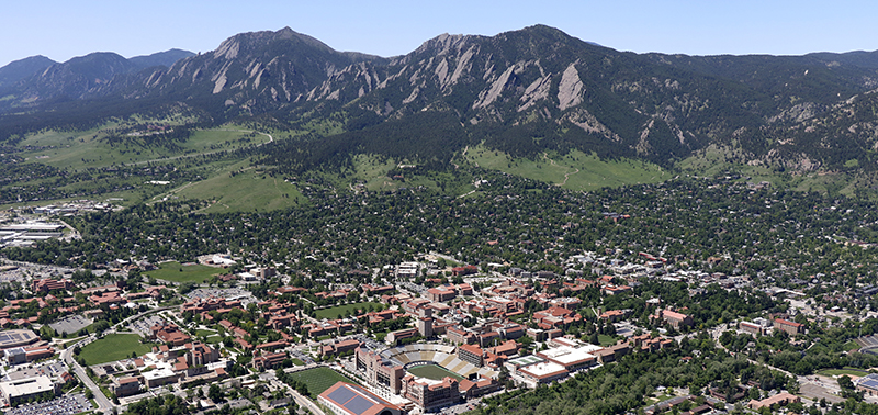 aerial photo of the University of Colorado Boulder campus in Boulder Colorado with foothills in the background