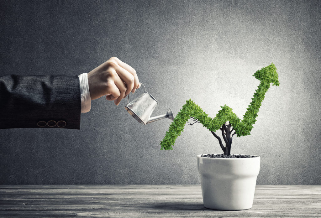 Hand of woman watering small plant in pot shaped like growing graph