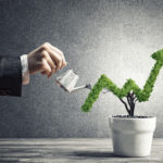 Hand of woman watering small plant in pot shaped like growing graph