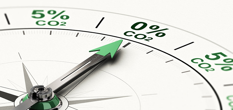 3D illustration of conceptual compass with needle pointing 0 percent of CO2. Concept of decarbonization