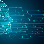 Big data and artificial intelligence concept. Machine learning and cyber mind domination concept in form of men face outline outline with circuit board and binary data flow on blue background.