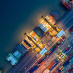 overhead shot of colorful ships in a ship yard