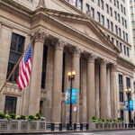 Chicago, Illinois, USA. May 9, 2019. Side view of the Federal Reserve Bank of Chicago. Stone building with corinthian colonnades background.