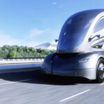 3d model of futuristic electric truck on highway. Future city background. Electric automobile. 3d rendering