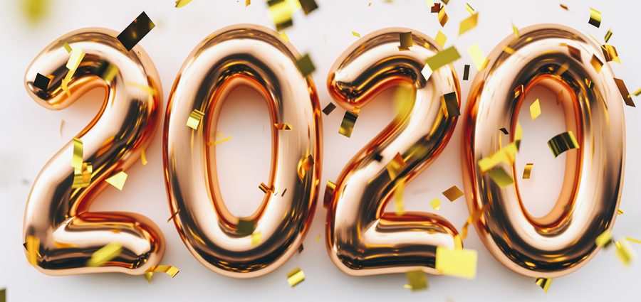 Happy New 2020 Year. Holiday copper metallic numbers 2020 and co