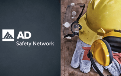 yellow hard hat, gloves, logo for AD and SafetyNetwork