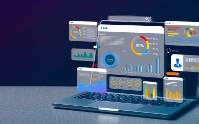 Computer laptop and dashboard for data business analysis and Data Management System with KPI and metrics connected to the database for technology finance, operations, sales, marketing