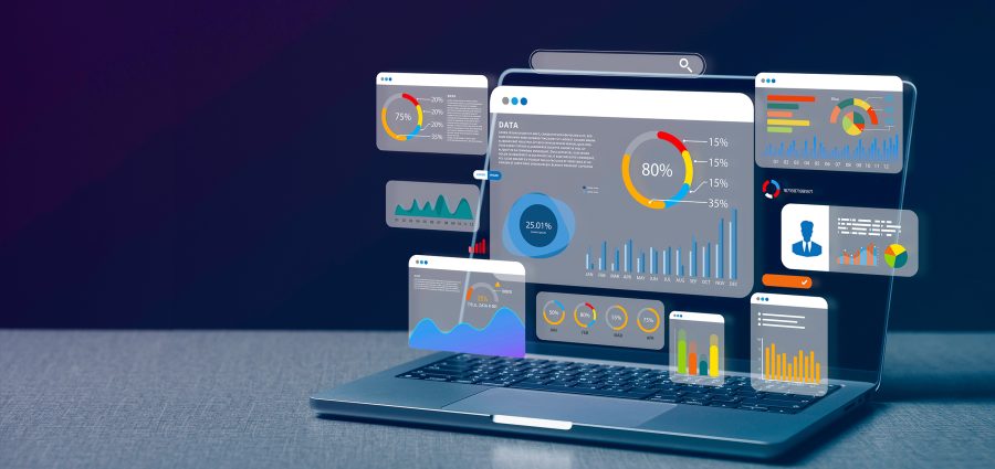 Computer laptop and dashboard for data business analysis and Data Management System with KPI and metrics connected to the database for technology finance, operations, sales, marketing