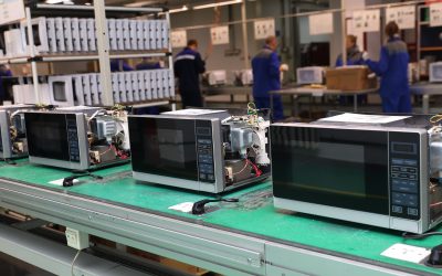 Manufacture of microwave ovens. Assembly line