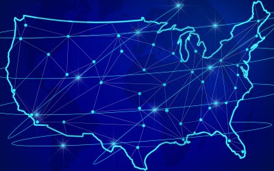 Global logistics network concept. Communications network map of the USA on the world background. USA map with nodes in polygonal style. Vector illustration EPS10.