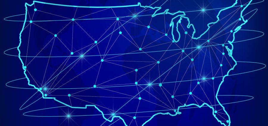 Global logistics network concept. Communications network map of the USA on the world background. USA map with nodes in polygonal style. Vector illustration EPS10.