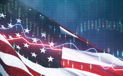 Creative american flag with forex chart on blurry background. USA economy and dollar concept. Double exposure