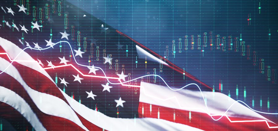 Creative american flag with forex chart on blurry background. USA economy and dollar concept. Double exposure