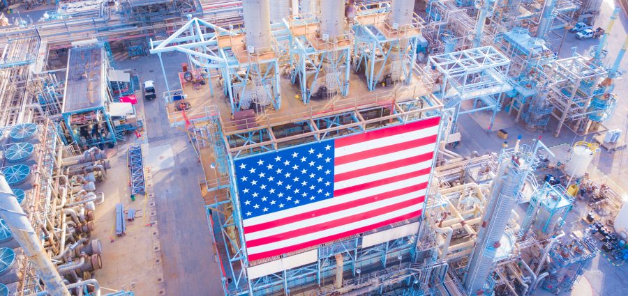 Oil Refinery with American Flag in California