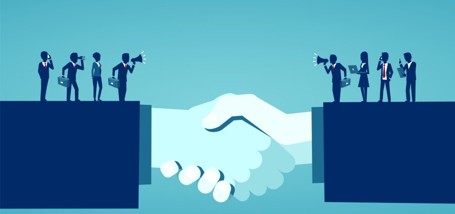 Businesss collaborations concept. Vector of businesspeople reaching an agreement after successful negotiations