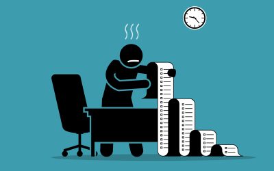 Business person holding a long paper with to do list in the office. Vector artwork concept depicts stress, overwhelmed with work, busy, tasks, and chores.