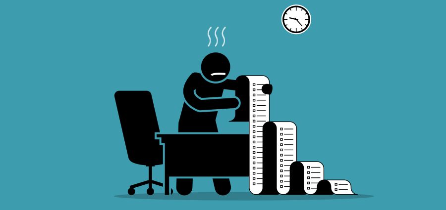 Business person holding a long paper with to do list in the office. Vector artwork concept depicts stress, overwhelmed with work, busy, tasks, and chores.