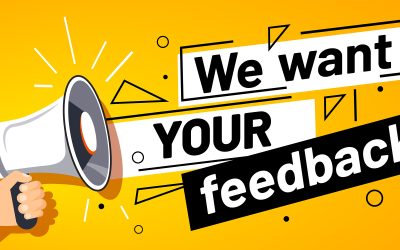 We want your feedback. Customer feedbacks survey opinion service, megaphone in hand promotion banner. Promotional advertising, marketing speech or client support vector illustration