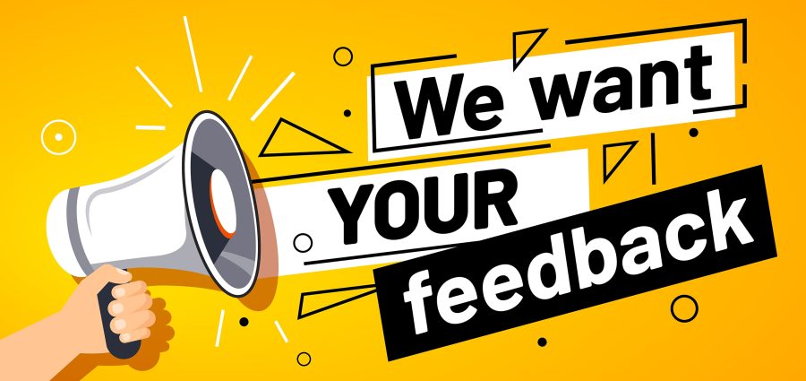 We want your feedback. Customer feedbacks survey opinion service, megaphone in hand promotion banner. Promotional advertising, marketing speech or client support vector illustration