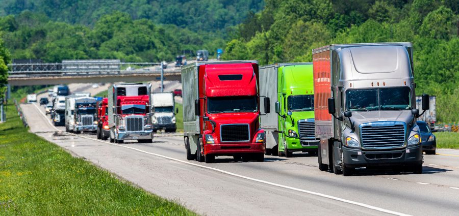 Horizontal shot of heavy truck traffic on a Tennessee interstate.