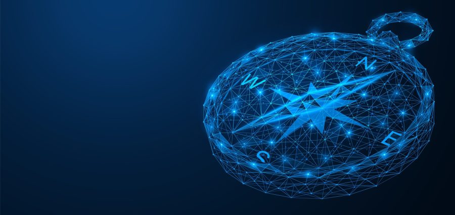 Polygonal compass. The concept of development of the navigation system. Low-poly construction of concatenated lines and dots. Blue background.