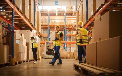 Retail Warehouse full of Shelves with Goods in Cardboard Boxes, Workers Scan and Sort Packages, Move Inventory with Pallet Trucks and Forklifts. Product Distribution Logistics Center.