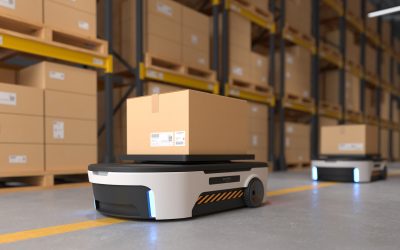 Autonomous Robot transportation in warehouses, Warehouse automation concept. 3D illustration