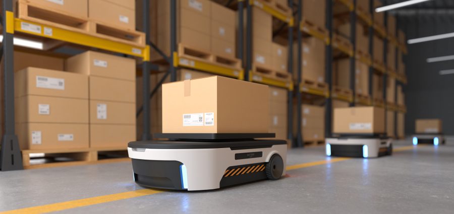 Autonomous Robot transportation in warehouses, Warehouse automation concept. 3D illustration