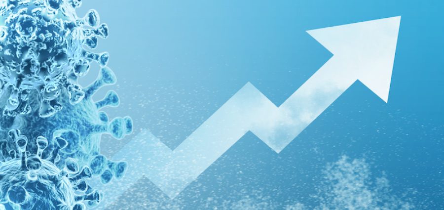 digital 3d virus rise of the third corona wave. microbes with an upward arrow symbolize increasing numbers of infections. digital image