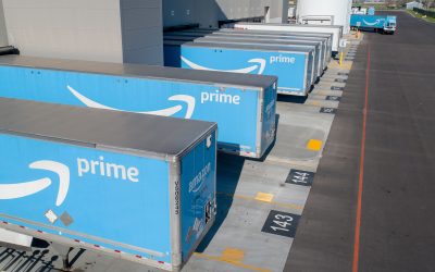 NAMPA, IDAHO - APRIL 17, 2021: Amazon trailers being loaded before heading on the road as freight