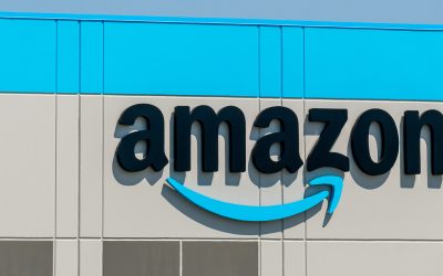 KENOSHA, WI,USA - JUNE 19, 2021 - Amazon warehouse facility exterior and trademark logo.