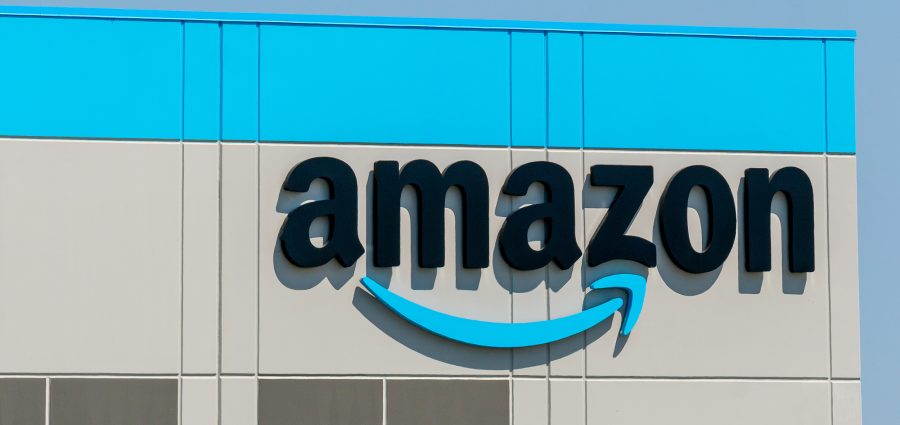 KENOSHA, WI,USA - JUNE 19, 2021 - Amazon warehouse facility exterior and trademark logo.