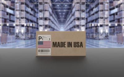 Boxes with MADE IN USA text on conveyor. American goods related. 3d rendering.