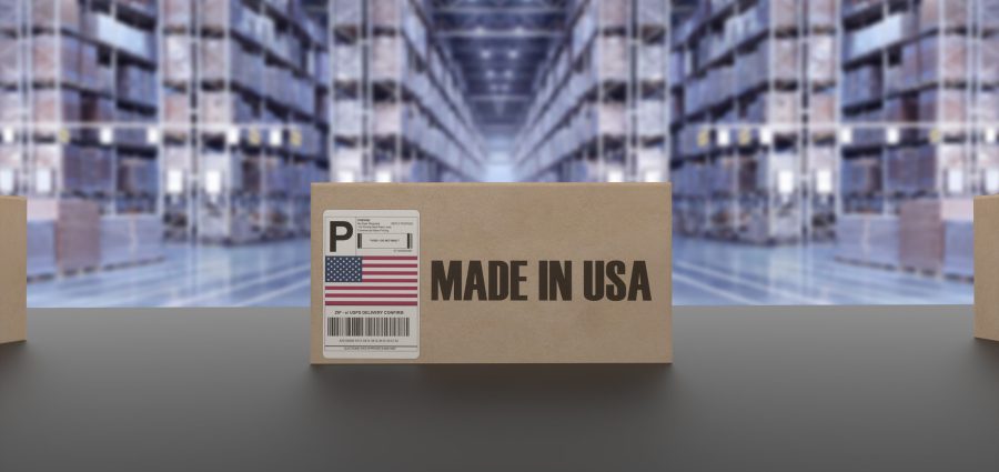 Boxes with MADE IN USA text on conveyor. American goods related. 3d rendering.