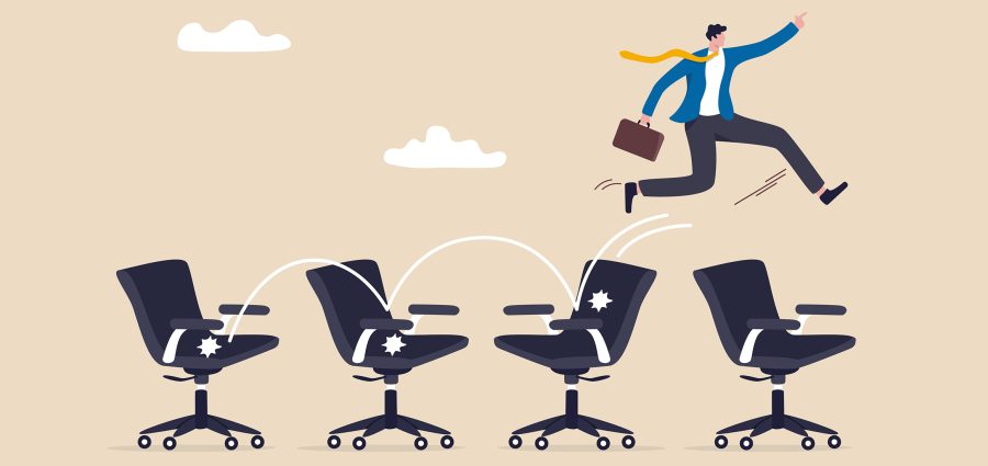 Job hopping, change many jobs in short time, move to new better career or position, cheerful businessman candidate jumping from office chair to new office metaphor of often changing job.