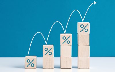 Percentage growth. Increase in financial interest rate, sales increase, mortgage or taxes. percent growth. Wooden stairs with increasing percentage icons.