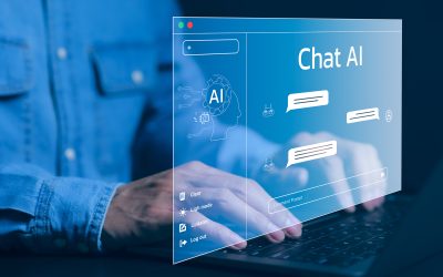 Chat AI Chat with AI or Artificial Intelligence technology. Man using a laptop computer chatting with an intelligent artificial intelligence asks for the answers he wants. Smart assistant futuristic,