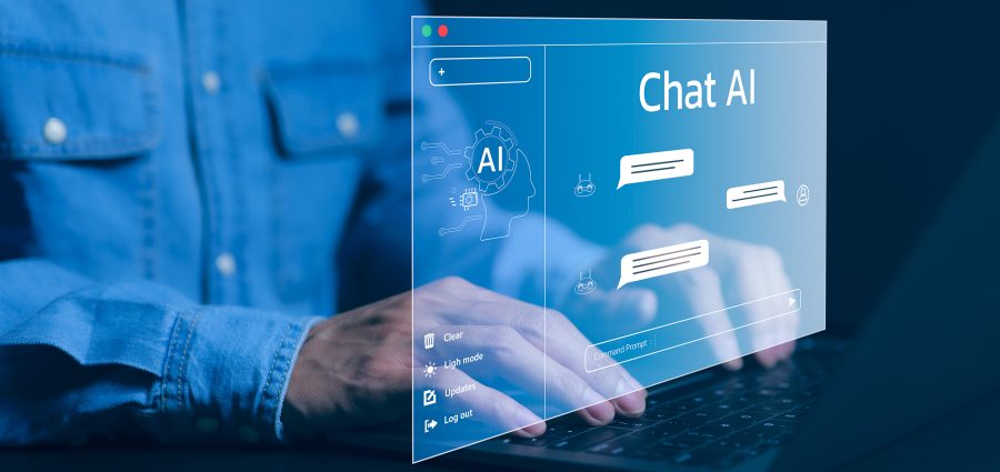 Chat AI Chat with AI or Artificial Intelligence technology. Man using a laptop computer chatting with an intelligent artificial intelligence asks for the answers he wants. Smart assistant futuristic,