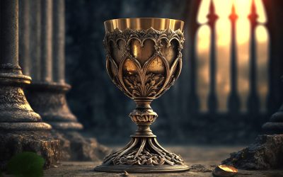 Golden chalice of wine on blurred sunlight curch background.  Ge