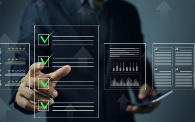 A businessman click green check mark to evaluating a vendor or supplier industrial facility and rated a maximum of five stars according to the ISO documentation management system