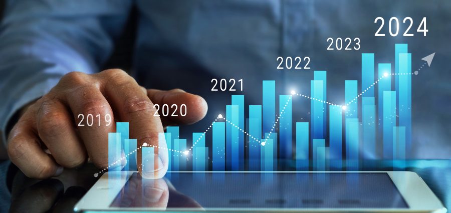 Column chart with company progress and growth by year, 2024, bus