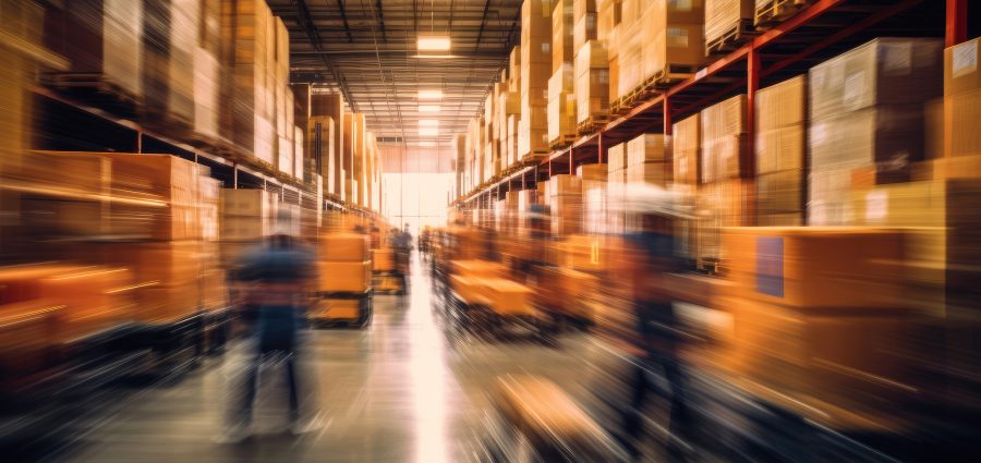 Blurred image of warehouse employees moving shipping boxes