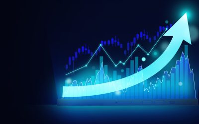 Close up of mobile phone with glowing blue business chart hologram, phone with graph on screen, red arrow and pie charts