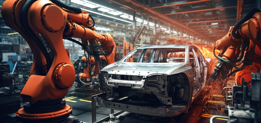 Robotic assembly line in an automotive factory