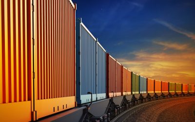 3d illustration of wagon of freight train with containers on the sky background